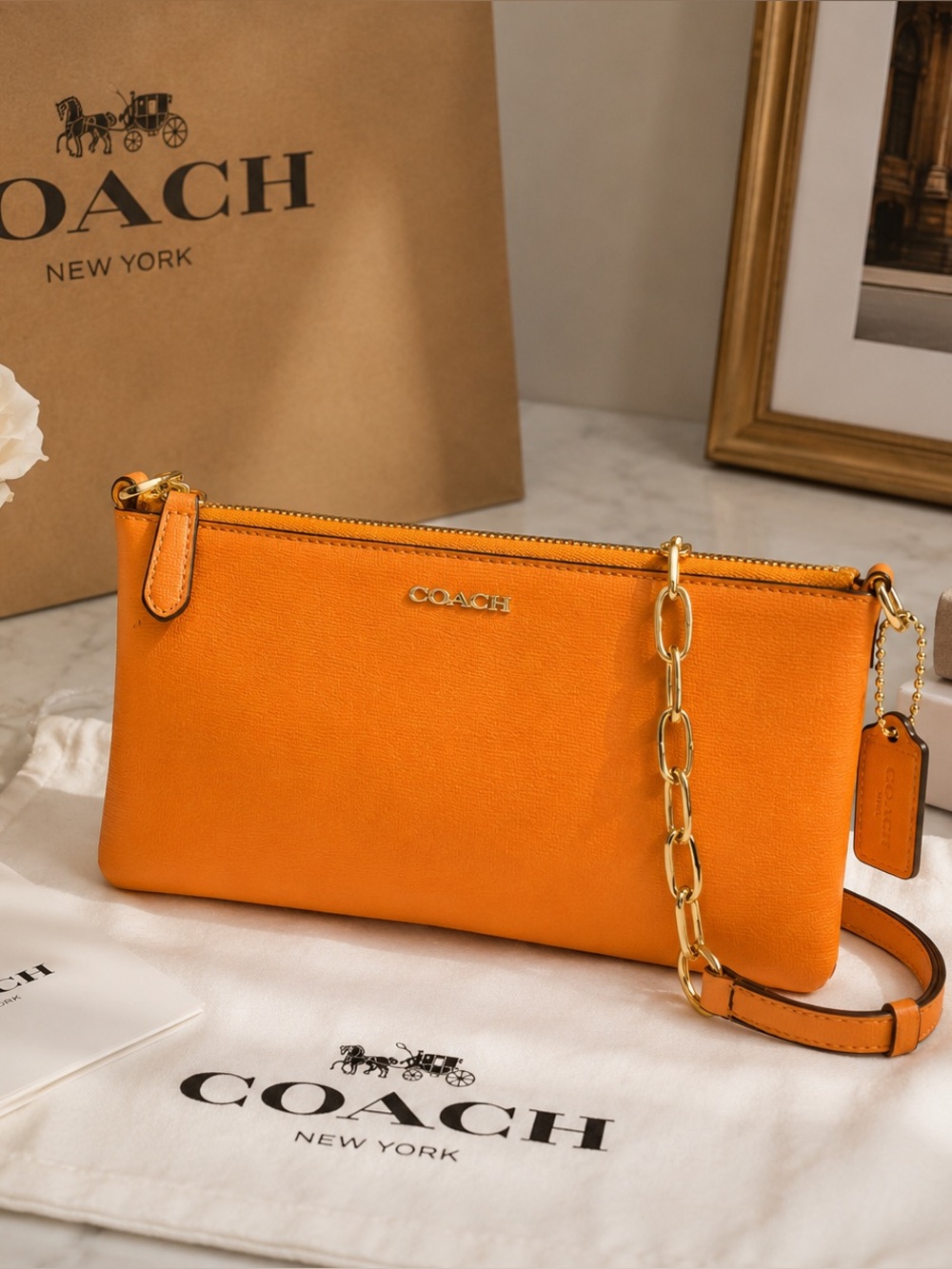 Coach Orange Crossgrain Leather Crossbody Bag Gold Chain Strap F52881